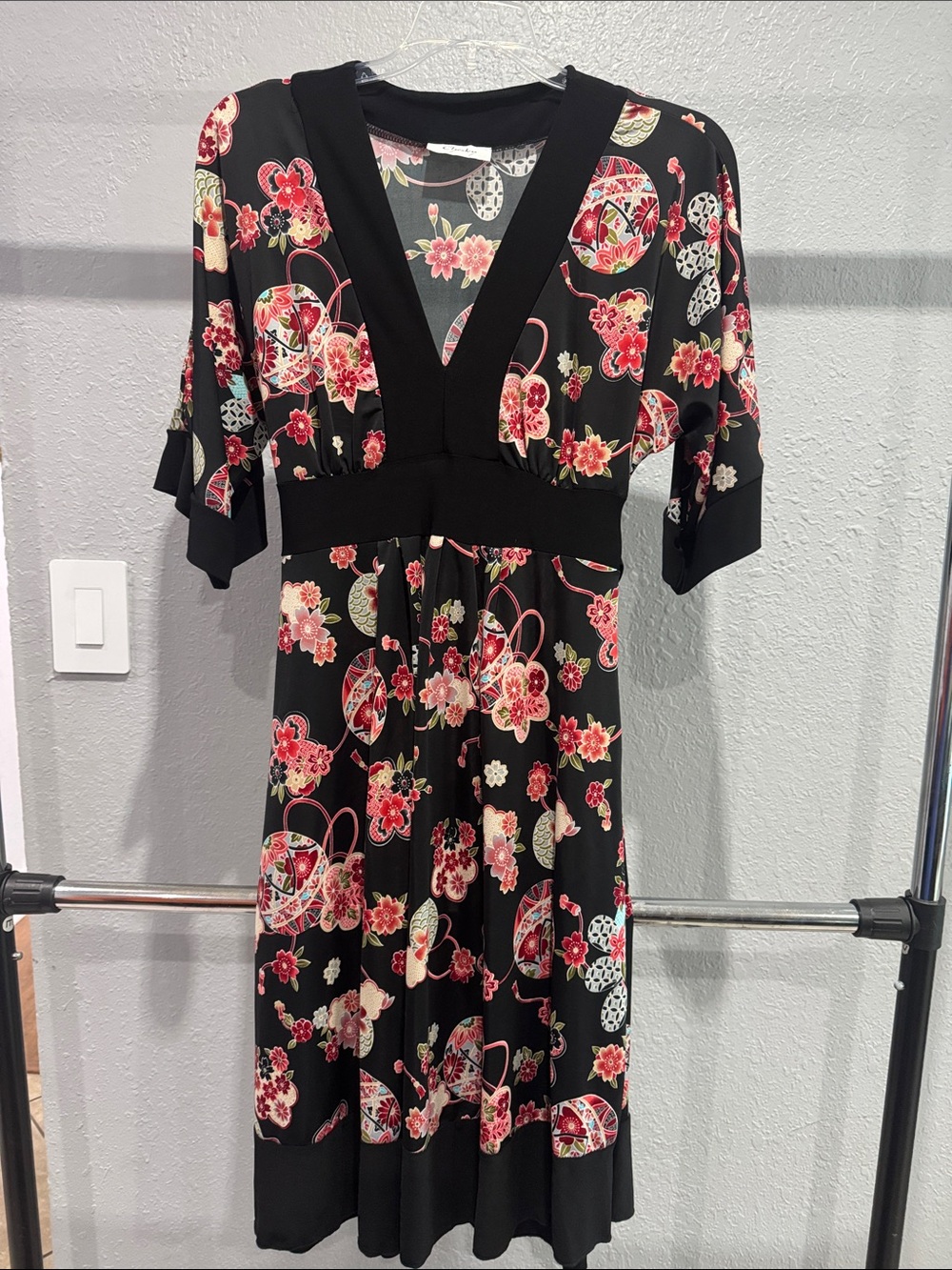 Chesley Black Floral Wrap Midi Dress with Pink & Cream Blooms